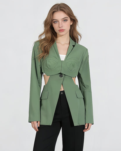 Green Cutout Solid Casual Bustier Blazer
