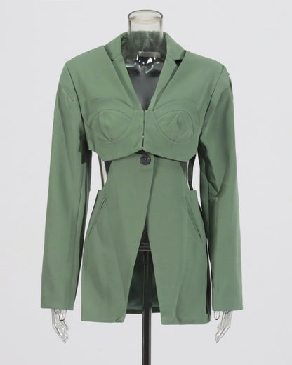 Green Cutout Solid Casual Bustier Blazer