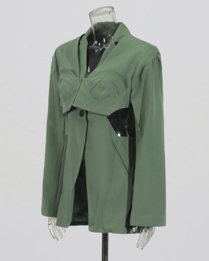 Green Cutout Solid Casual Bustier Blazer