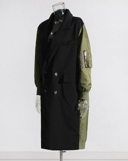 Green Double-Breasted Coat with Black Contrast Sleeves