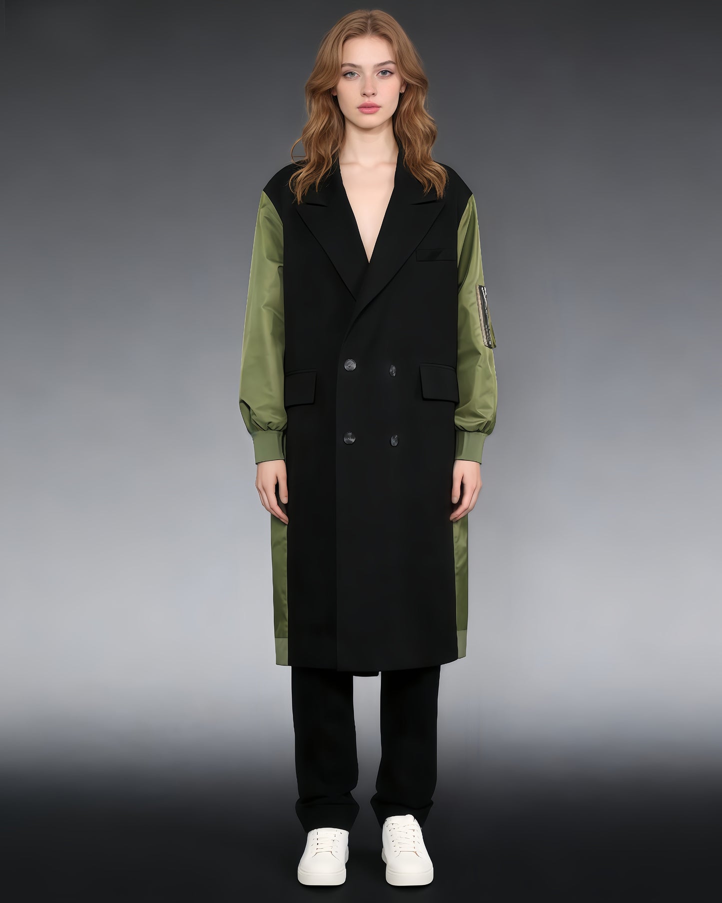 Green Double-Breasted Coat with Black Contrast Sleeves