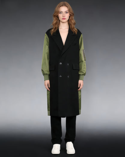 Green Double-Breasted Coat with Black Contrast Sleeves