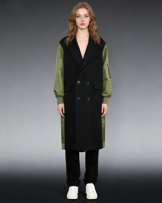 Green Double-Breasted Coat with Black Contrast Sleeves