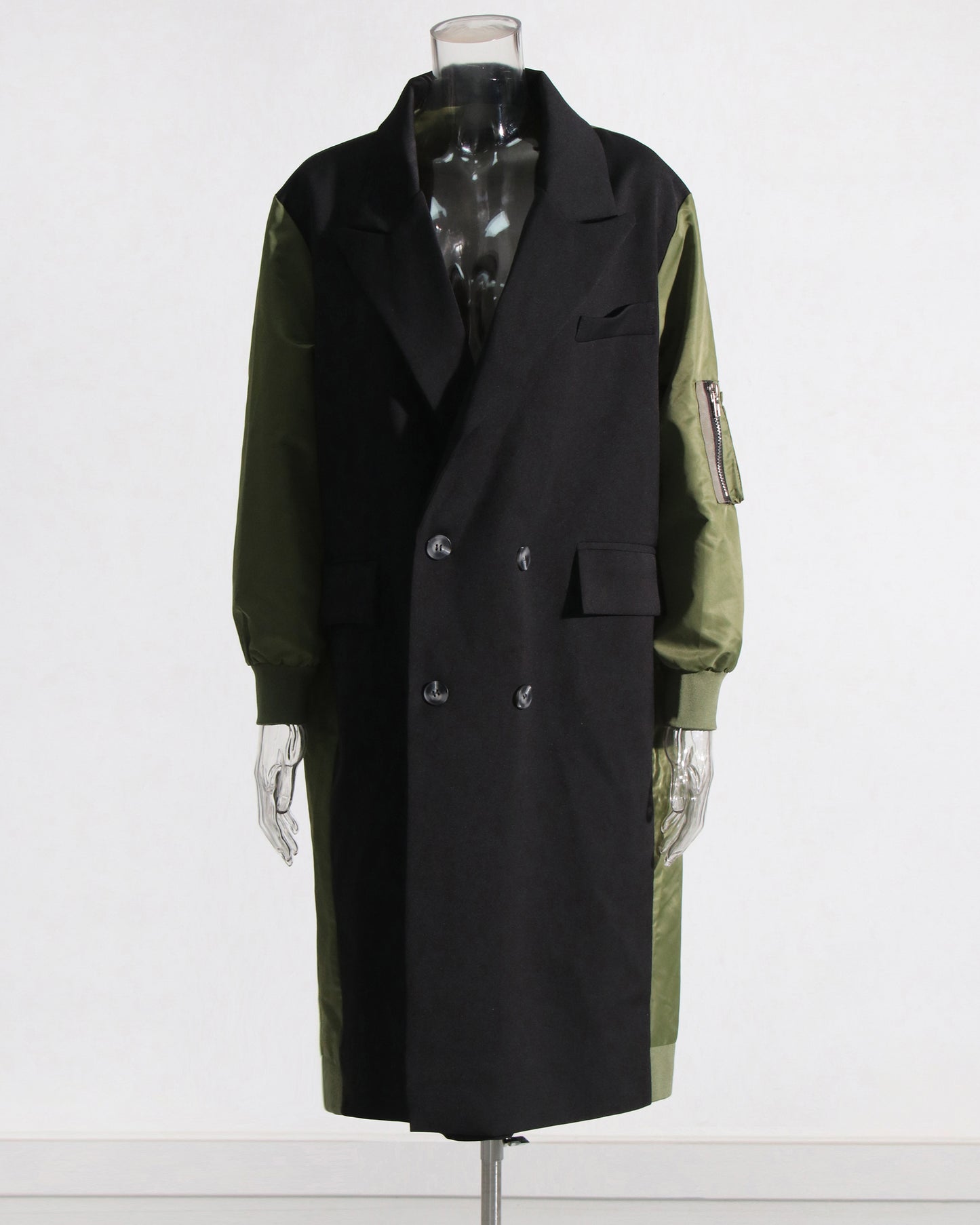Green Double-Breasted Coat with Black Contrast Sleeves