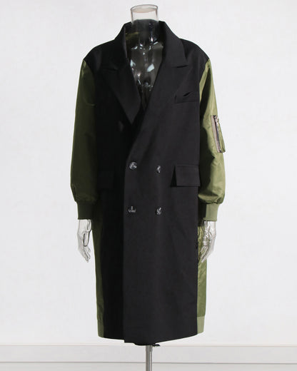 Green Double-Breasted Coat with Black Contrast Sleeves