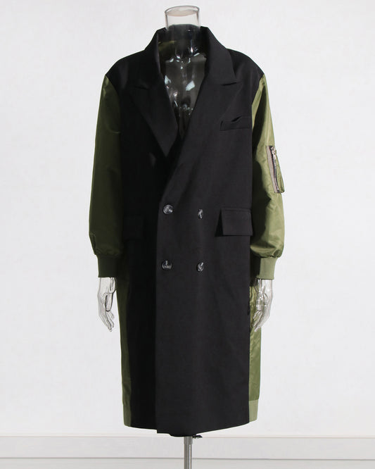 Green Double-Breasted Coat with Black Contrast Sleeves