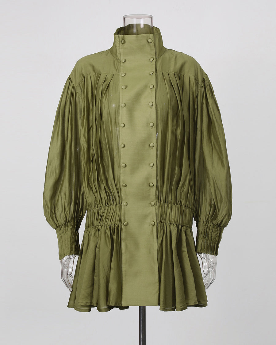 Green Double Breasted Puff Sleeve Mini Dress