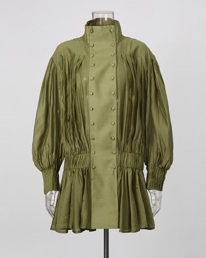 Green Double Breasted Puff Sleeve Mini Dress