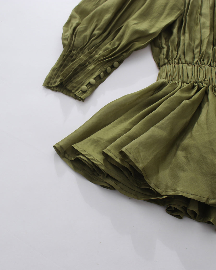 Green Double Breasted Puff Sleeve Mini Dress