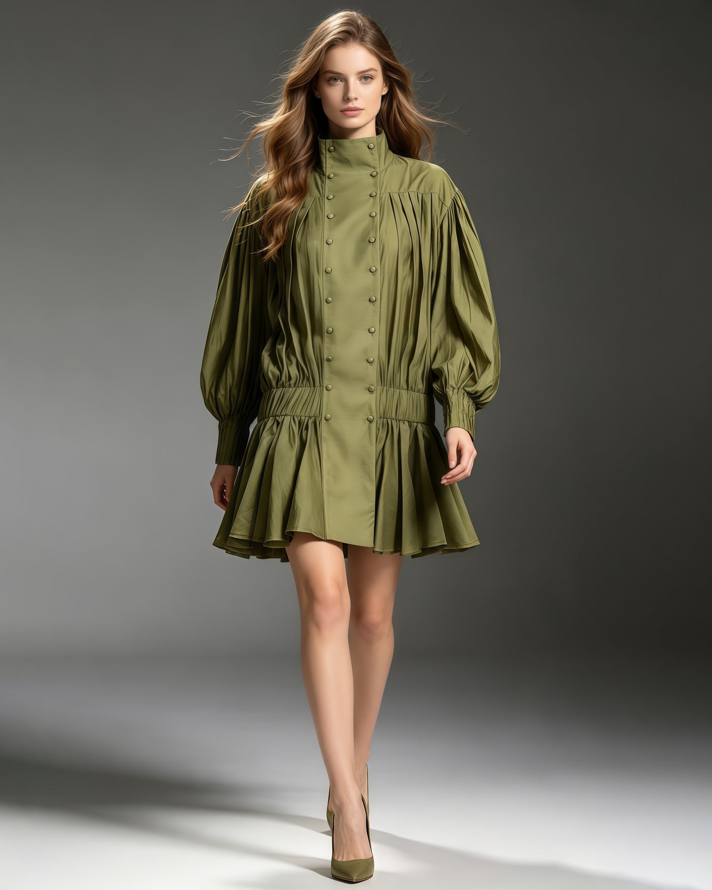 Green Double Breasted Puff Sleeve Mini Dress