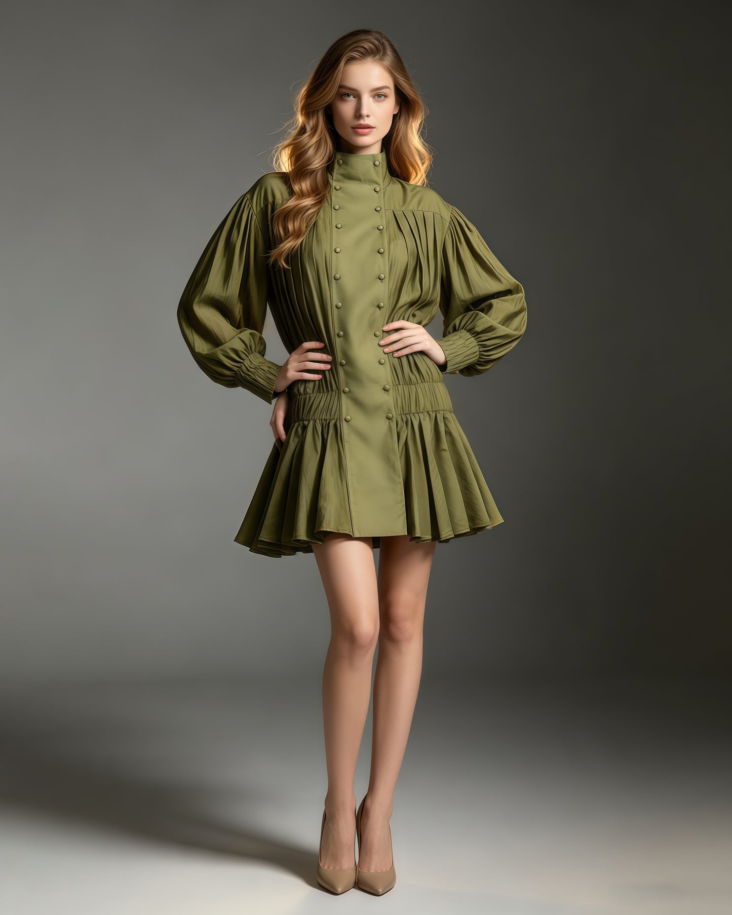 Green Double Breasted Puff Sleeve Mini Dress