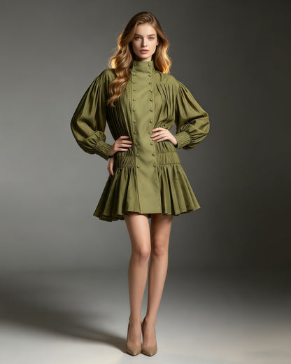 Green Double Breasted Puff Sleeve Mini Dress