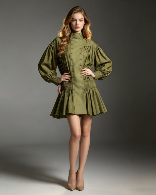 Green Double Breasted Puff Sleeve Mini Dress