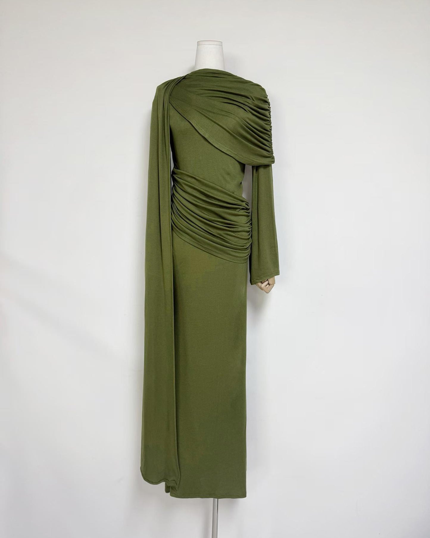 Green Draped Fold Cape Sleeve Maxi Dress