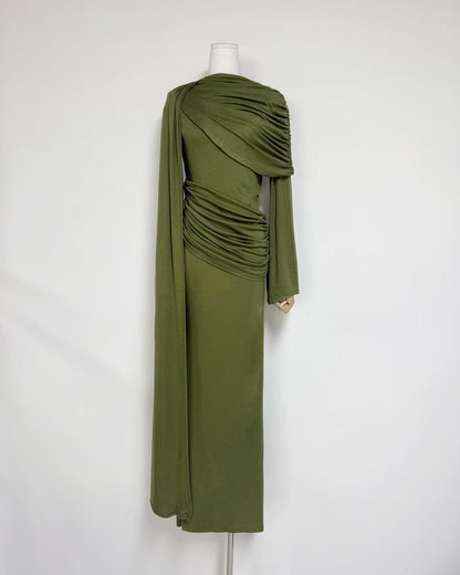 Green Draped Fold Cape Sleeve Maxi Dress