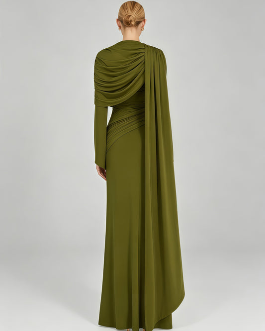 Green Draped Fold Cape Sleeve Maxi Dress