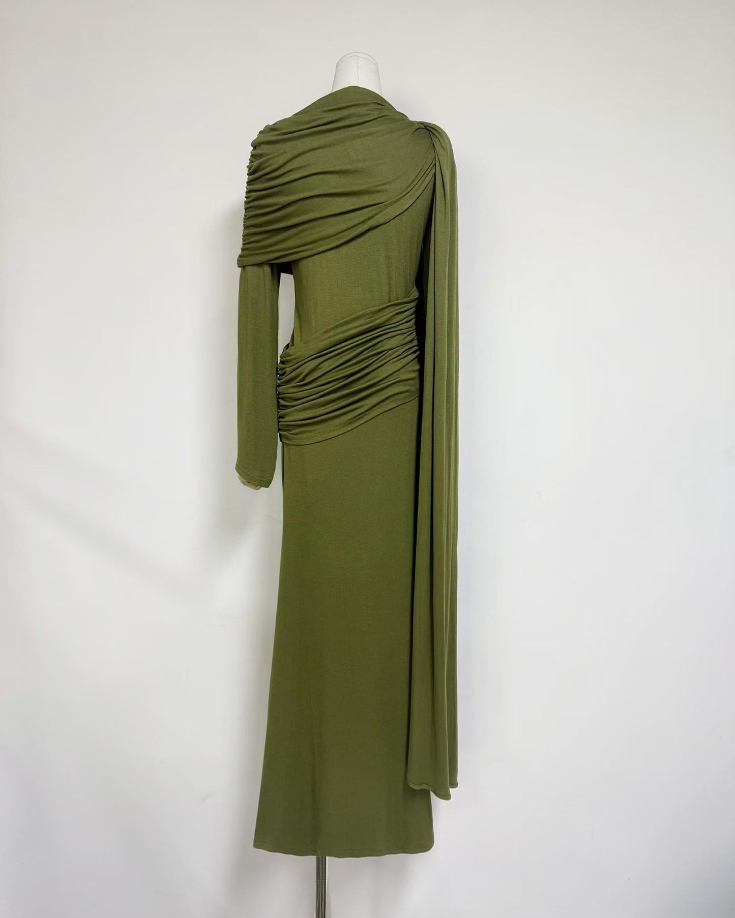 Green Draped Fold Cape Sleeve Maxi Dress