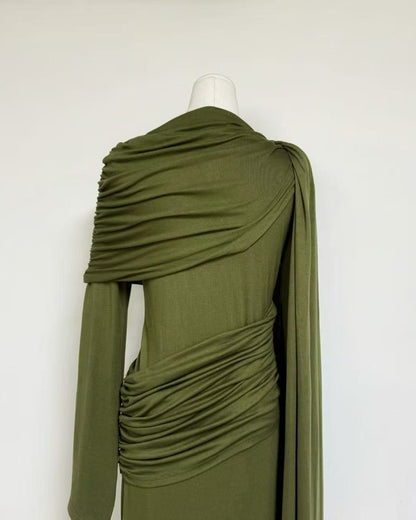 Green Draped Fold Cape Sleeve Maxi Dress
