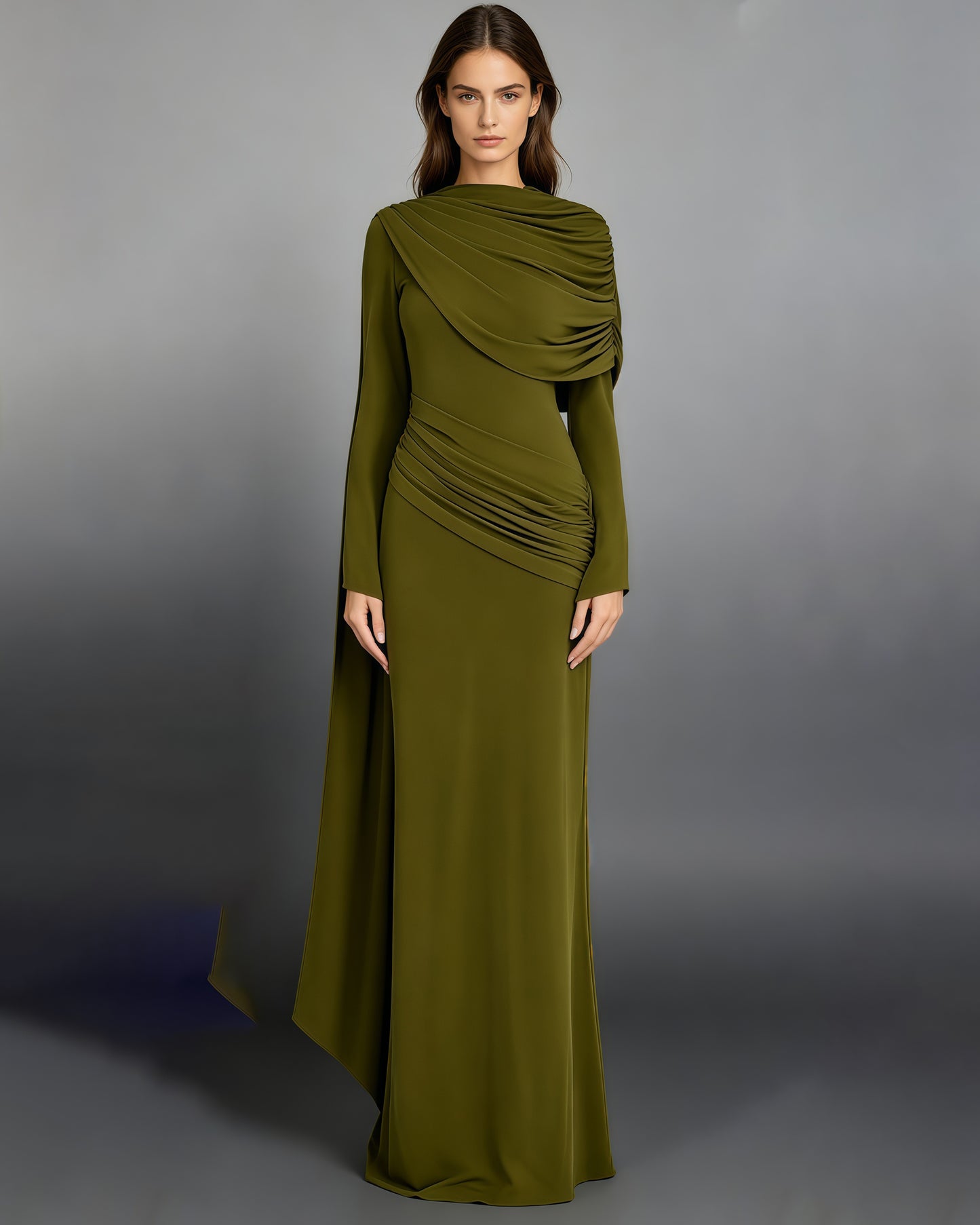Green Draped Fold Cape Sleeve Maxi Dress