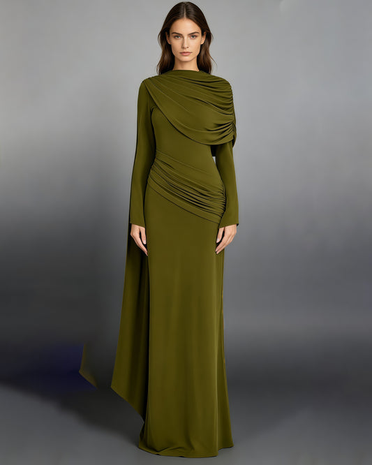 Green Draped Fold Cape Sleeve Maxi Dress