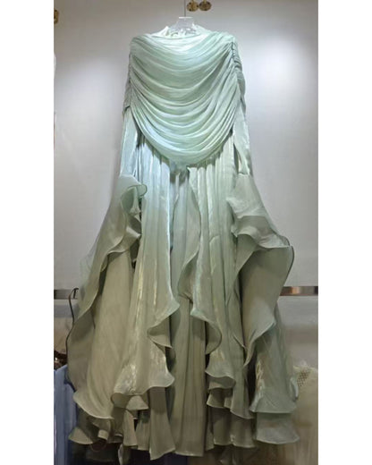 Green Draped Ruffled Asymmetrical Maxi Gown