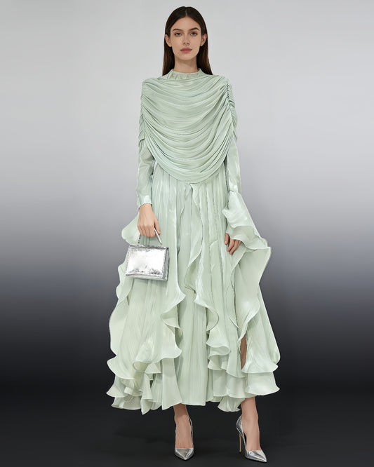 Green Draped Ruffled Asymmetrical Maxi Gown