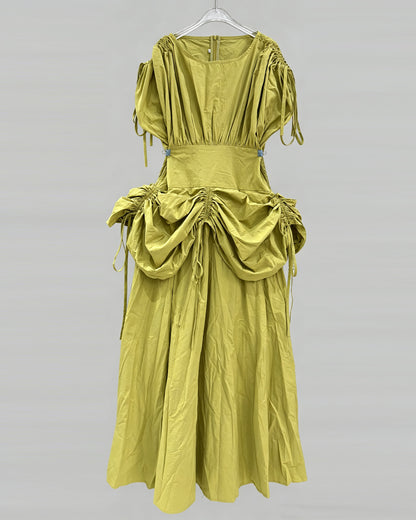 Green Drawstring Ruched Midi Dress
