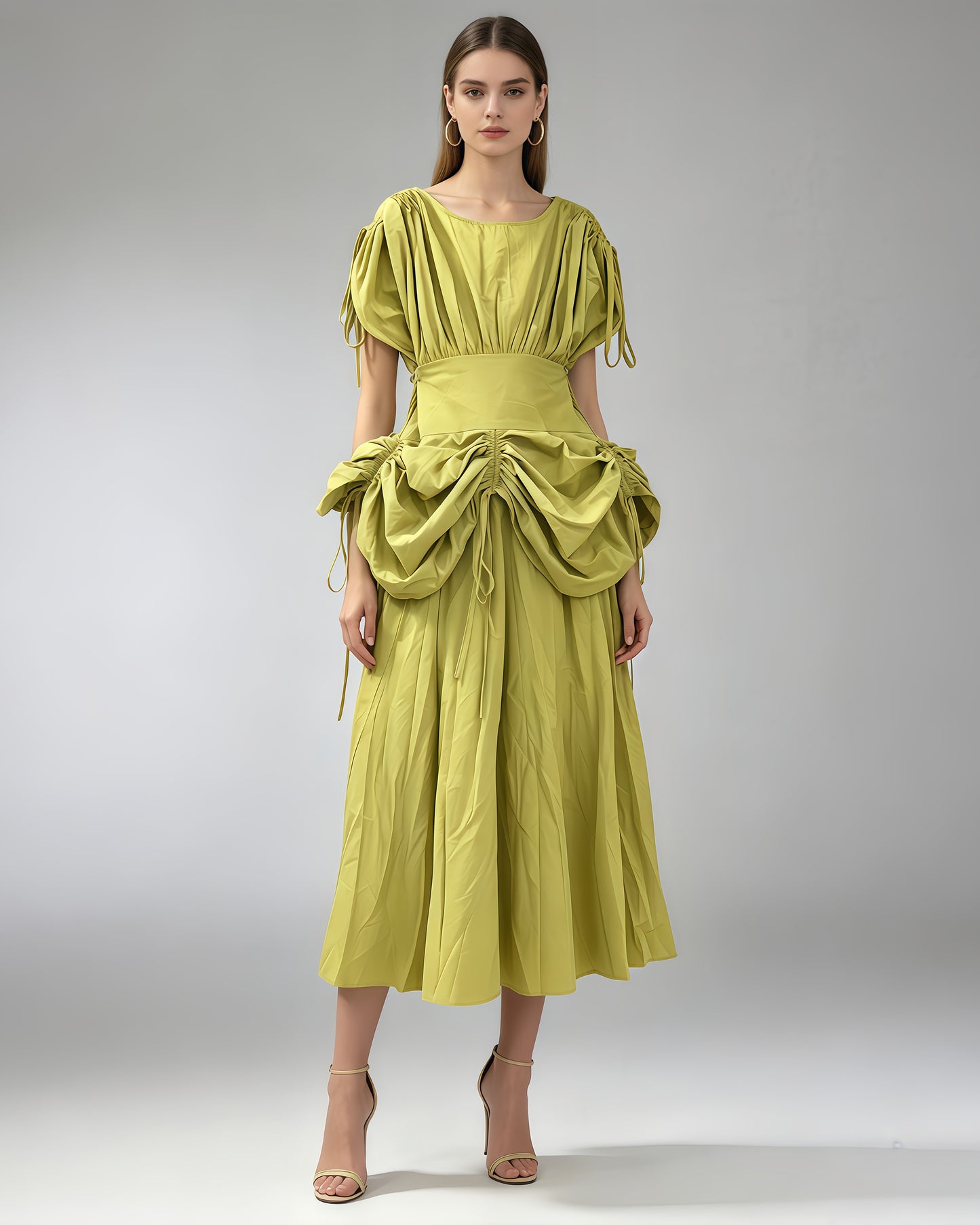 Green Drawstring Ruched Midi Dress