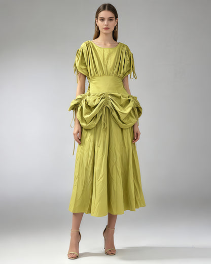 Green Drawstring Ruched Midi Dress