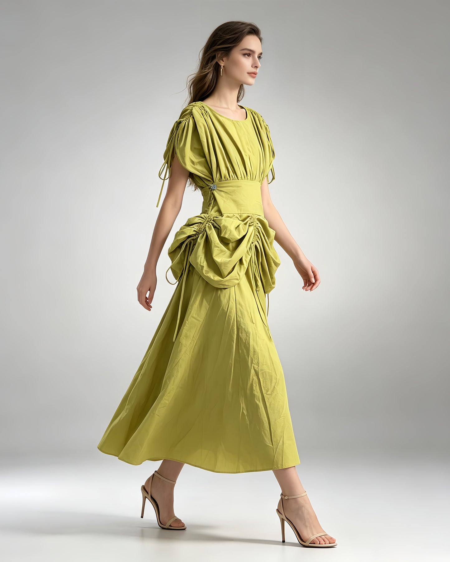Green Drawstring Ruched Midi Dress