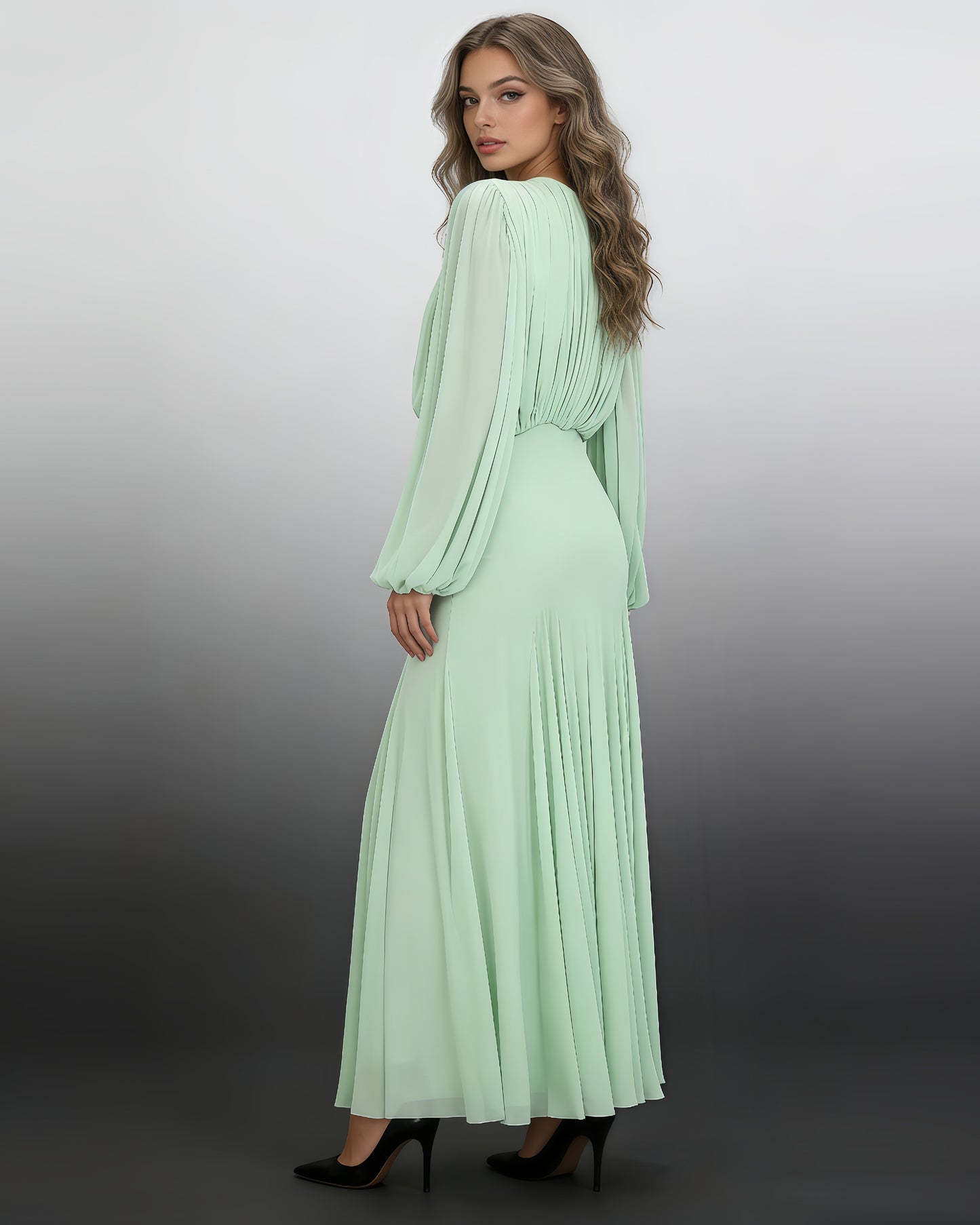 Green Fitted Pleated Chiffon Maxi Dress