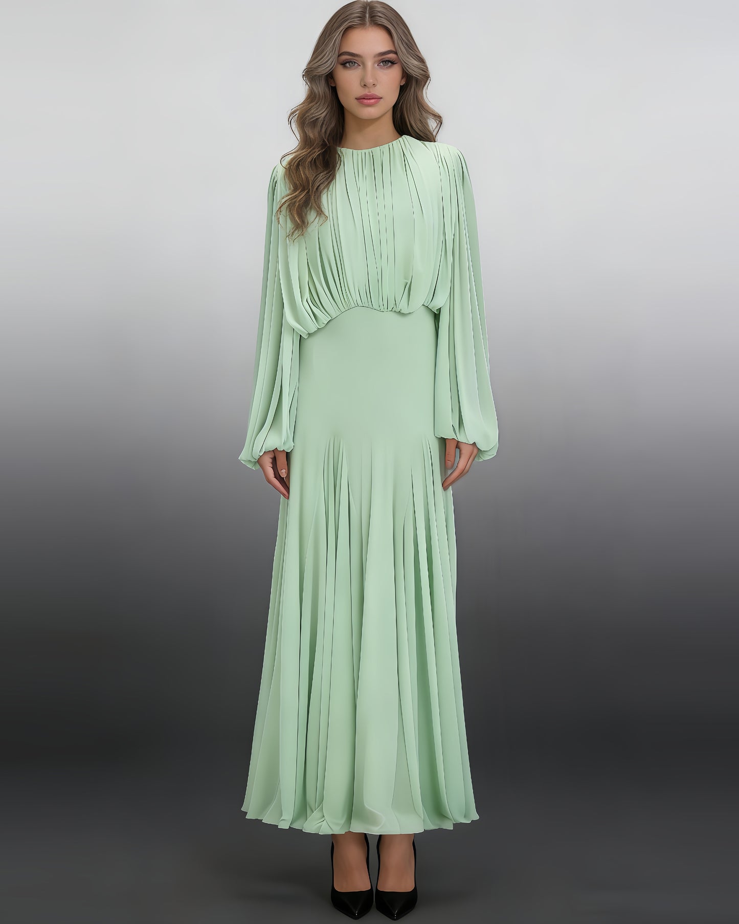 Green Fitted Pleated Chiffon Maxi Dress