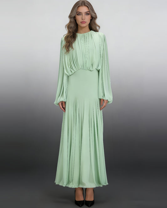 Green Fitted Pleated Chiffon Maxi Dress