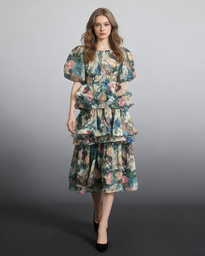 Green Floral Tiered Ruffle Maxi Dress