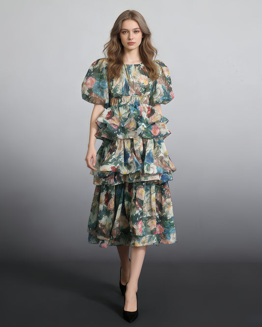 Green Floral Tiered Ruffle Maxi Dress