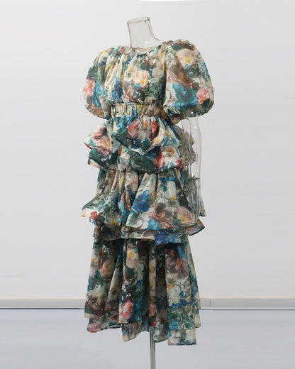 Green Floral Tiered Ruffle Maxi Dress