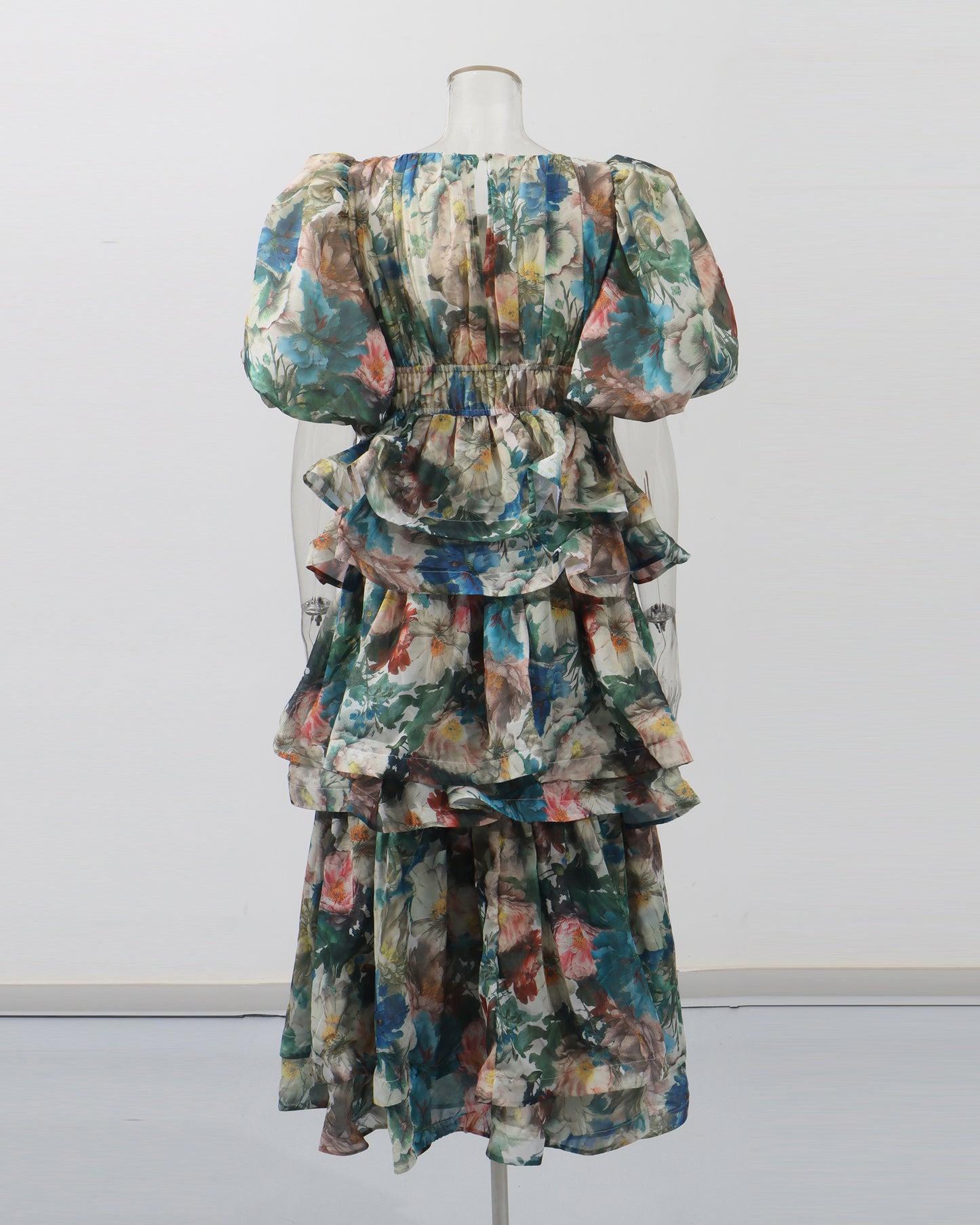 Green Floral Tiered Ruffle Maxi Dress