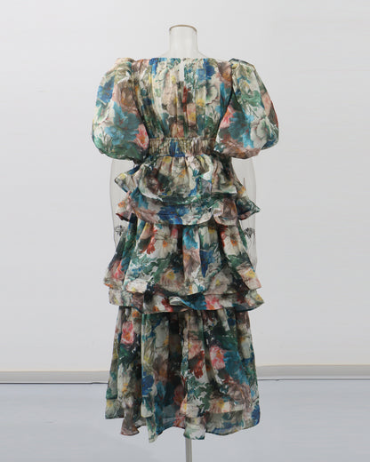 Green Floral Tiered Ruffle Maxi Dress