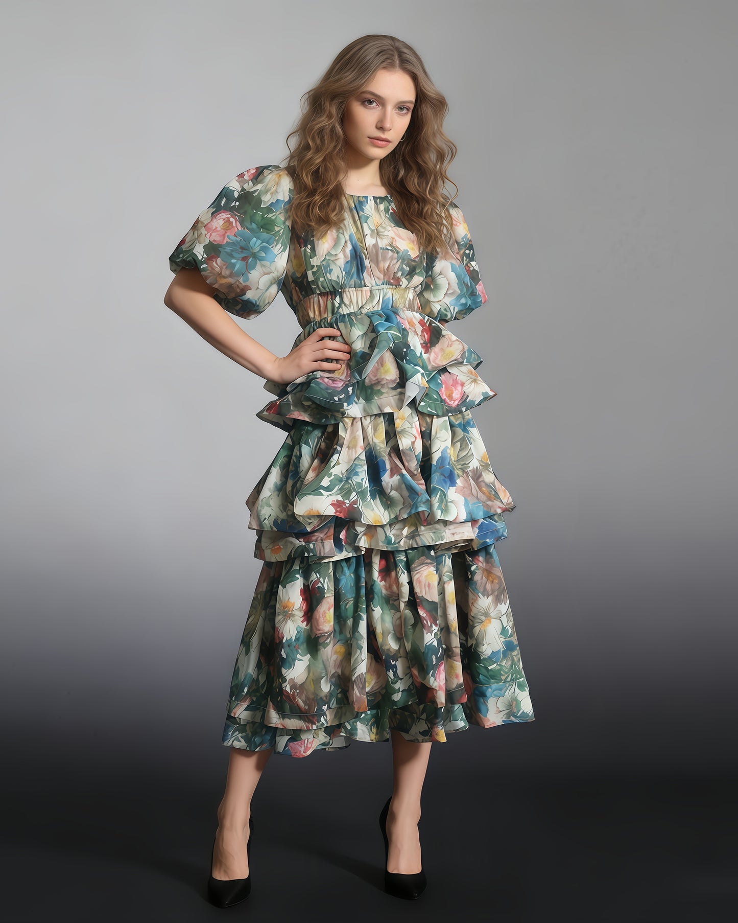 Green Floral Tiered Ruffle Maxi Dress