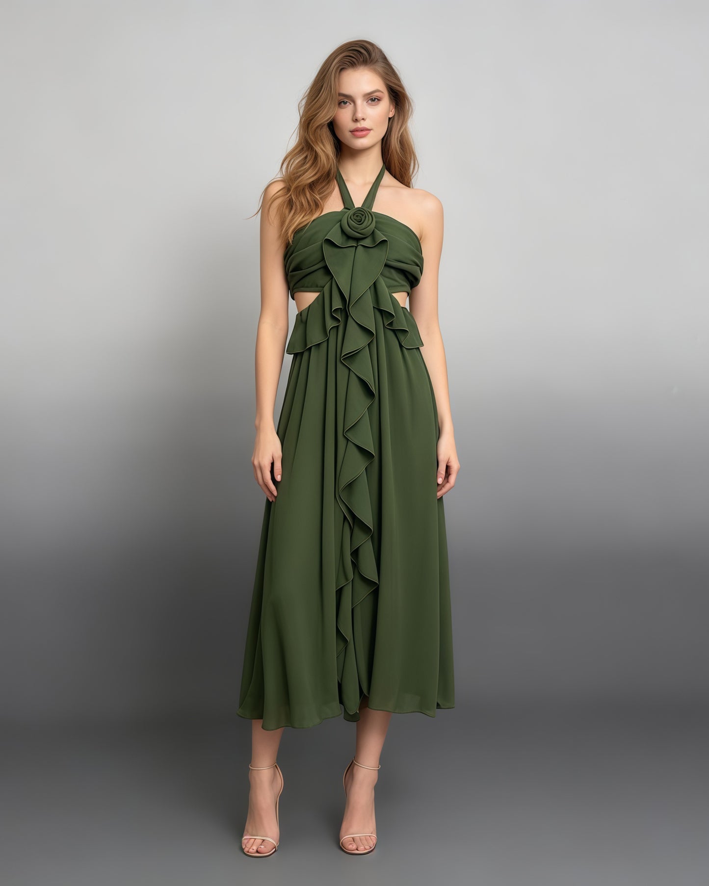Green Halter 3D Rose Ruffle Cutout Waist Maxi Dress
