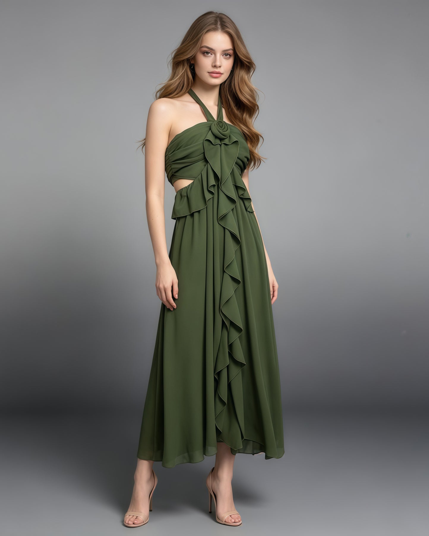 Green Halter 3D Rose Ruffle Cutout Waist Maxi Dress