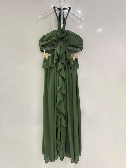 Green Halter 3D Rose Ruffle Cutout Waist Maxi Dress