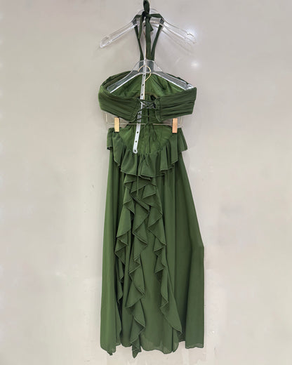 Green Halter 3D Rose Ruffle Cutout Waist Maxi Dress
