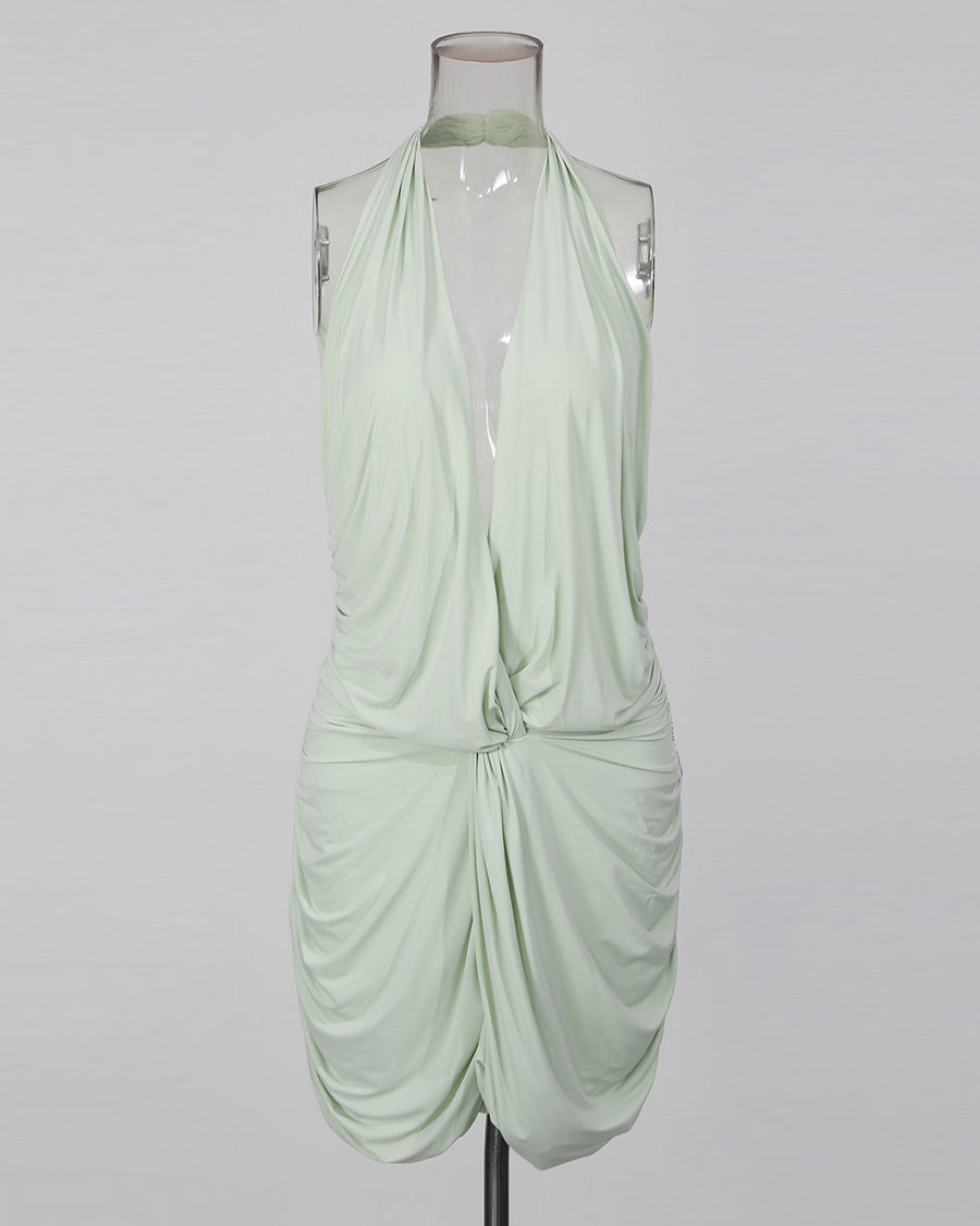 Green Halter Deep V Twist Knot Ruched Dress
