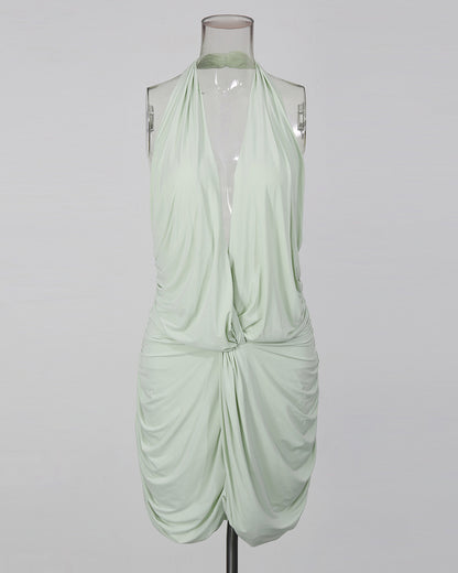 Green Halter Deep V Twist Knot Ruched Dress