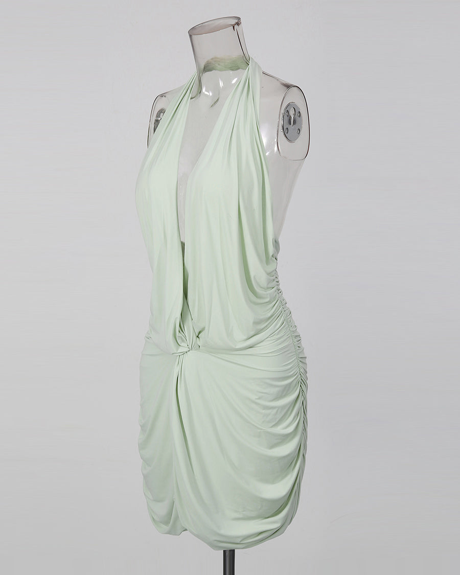 Green Halter Deep V Twist Knot Ruched Dress