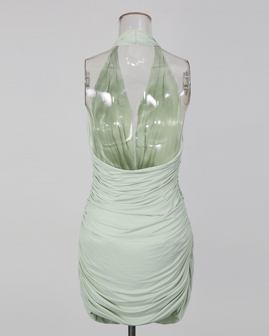 Green Halter Deep V Twist Knot Ruched Dress
