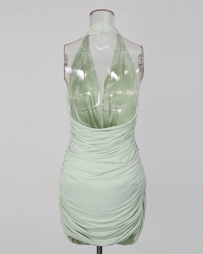 Green Halter Deep V Twist Knot Ruched Dress