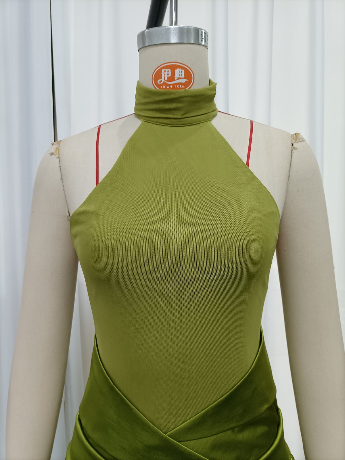 Green Halter High Neck A-Line Midi Evening Dress