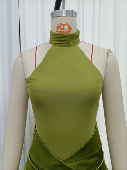 Green Halter High Neck A-Line Midi Evening Dress